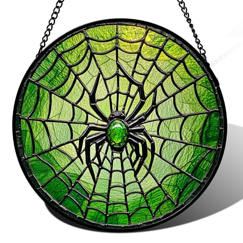 Stained Glass Window Hanging - Black Green Horror Spider Web Suncatcher for Doors Garden Patio Sun Catchers Decor Christmas Halloween Birthday Gifts for Women Men Mom Nana Friend 6.3 in - color: Green, size: 6.3x6.3 IN