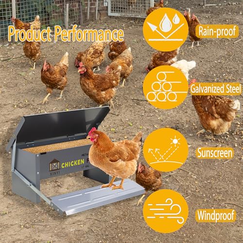 XINYI Chicken Treadle Feeder,12 Lbs Metal Treadle Feeder, No Waste & Rodent Proof Chicken Feeder with Weatherproof Lid, Suitable for Bantams, Poultry, Pheasants - 1.7Gallon Capacity - size: 1.7Gal