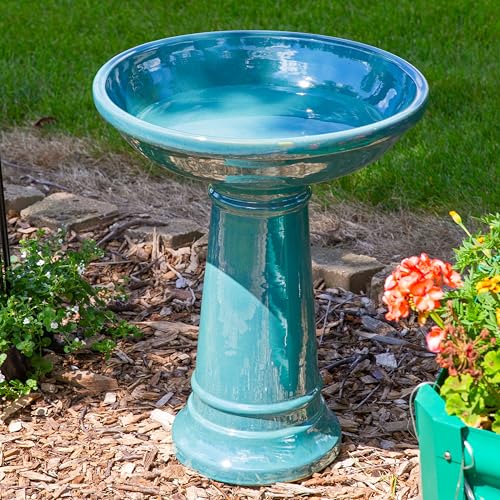 Sunnydaze Calais Glazed Ceramic Bird Bath for Outside, 25” H, Jade Green | 2.5 Gal Water Cap, 4” Deep Bird Bath Bowl, Heavy-Duty Garden Bird Bath, Easy 2-Piece Assembly, Tall Bird Bath for Outdoors