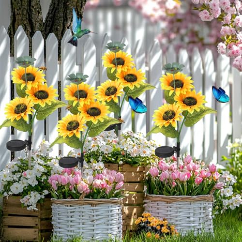 2 Pack Bee Watering Station, Butterfly Bird Water Feeder, 2-In-1 Flower Design Bee Bath Bowl with Glass Marble for Outdoor Decor & Sunflower Solar Lights Outdoor Waterproof, Flower Solar Garden Lights