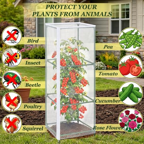 3PCS Garden Bird Netting for Square Tomato Cage with Zipper & Drawstring | 59 x 17.7 Inch Reusable Fine Mesh Plant Covers for Tomatoes, Fruits and Climbing Vines - size: 17.7x17.7x59in