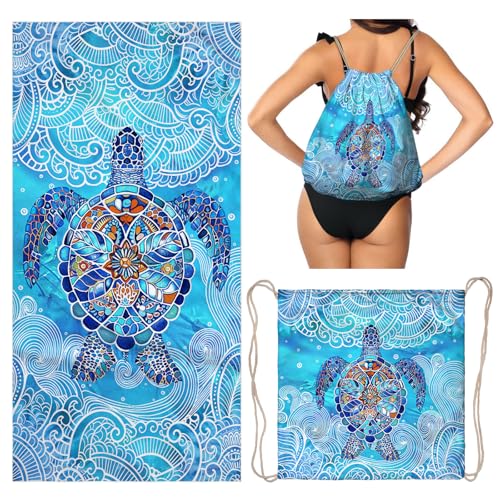 2-in-1 Convertible Towel & Backpack Microfiber Beach Towel Bag for Camping Swimming Vacation Blue Turtle - color: Mandala Turtle Blue