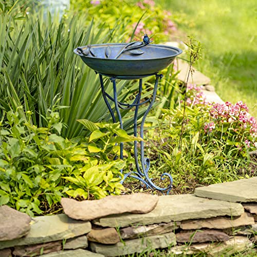 Zaer Ltd. Deep Well Made Metal Birdbath with 2 Cast Iron Birds and Leaf Decoration (Frosted Blue) - color: Frosted Blue