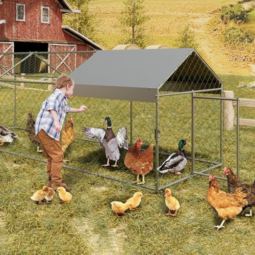 Garvee Metal Chicken Coop, Chicken Runs for Yard with Waterproof and Anti-UV Cover, 2 Door Portable Chicken Coop for Outdoor, Rabbit, Duck, Silver, 120"×40"×40" - color: silver, size: 120.0"L x 40.0"W x 40.0"H
