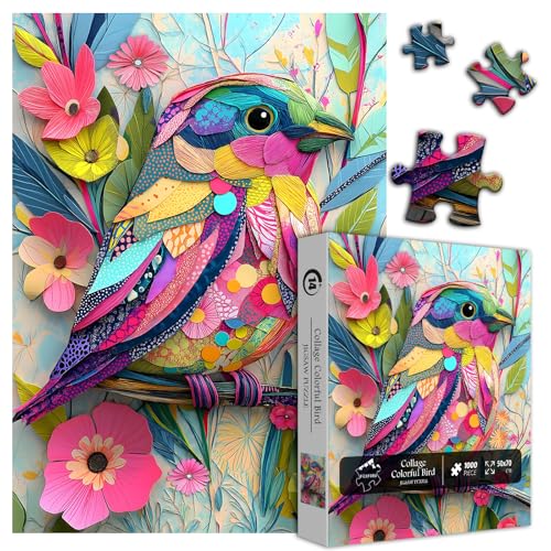 Hummingbird Puzzles for Adults 1000 Pieces, Collage Colorful Bird Flower Puzzle, Paper Cut Art Aesthetic Spring Animal Themed, Difficult Hard Impossible Challenge for Adults - style: Collage Colorful Bird