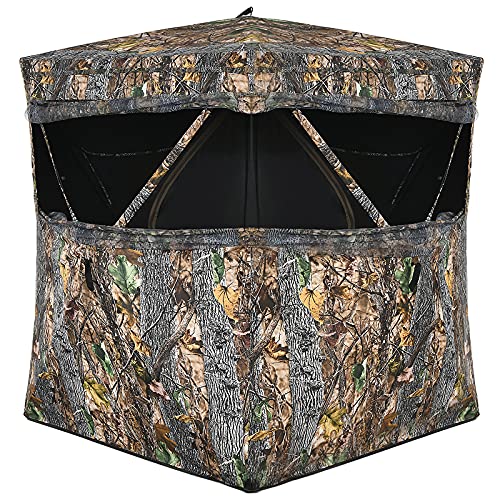 Tangkula 3 Person Pop up Ground Blind, Portable Hunting Blind with Mesh Windows, Carrying Bag & Ground Stakes, Camouflage Hunting Tent with Hub System, Camo Deer Blinds for Hunting - style: Slide Window