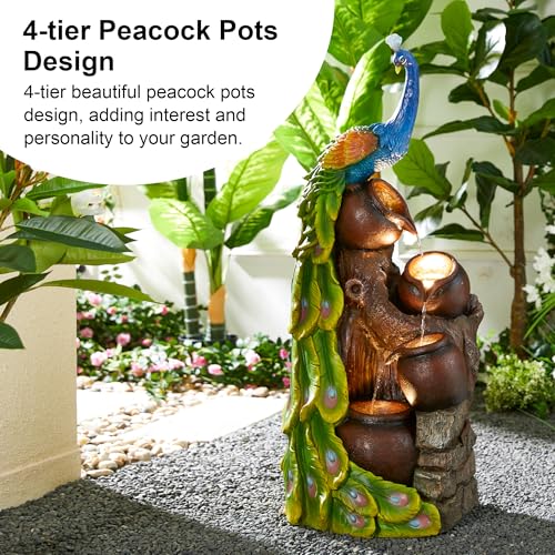 Glitzhome 4-Tier Peacock and Jars Outdoor Water Fountain with LED Light, 40”H Oversized Resin Peacock Sculpture Waterfall Fountain with Submersible Pump for Garden Patio Porch - color: Peacock