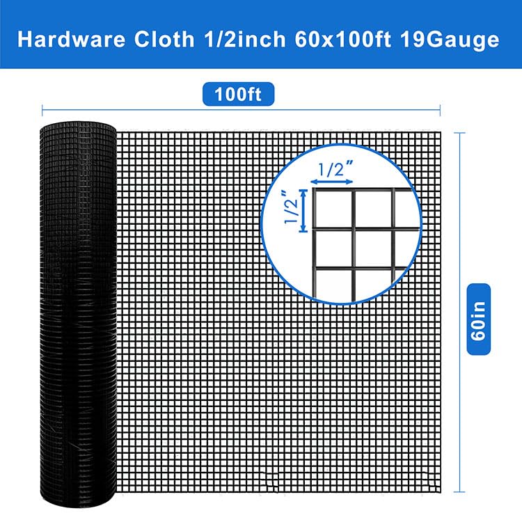 Black Hardware Cloth Roll 1/2 in 60 x 100 ft 19 Gauge Wire Mesh | Coated welded mesh, Easy Installation, Uniform Mesh, Raised Bed, Chicken Coop, Garden Fence - size: Black 1/2" 60" x 100' 19Ga