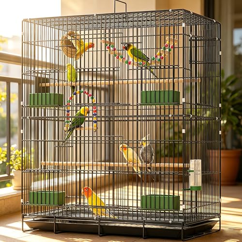 30-inch Folding Parrot Medium Bird Cage, Hanging Bird Cage for Parakeets Finches Canaries Lovebirds Cockatiels Budgies Small Quaker Conures Travel Pet Flight Birdcage with Swing and Perch