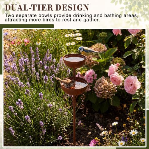 1 Pcs Vintage Metal Bird Bath Stakes for Garden, Decorative Outdoor Bird Bath Bowl Set, Rustic Rain Catcher Garden Art for Birds Butterflies Patio Lawn Flower Bed Decor (2-Tiered) - style: 2-tiered