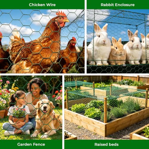 Chicken Wire for Floral Arrangements, Green Flower Mesh Netting | 15.7 x 394 inch, PVC Coated, Poultry Garden Fence Mesh, w/Zip Ties Pliers Gloves, Plant Protectors from Animals, DIY Crafts - size: 15.7 x 394 inch