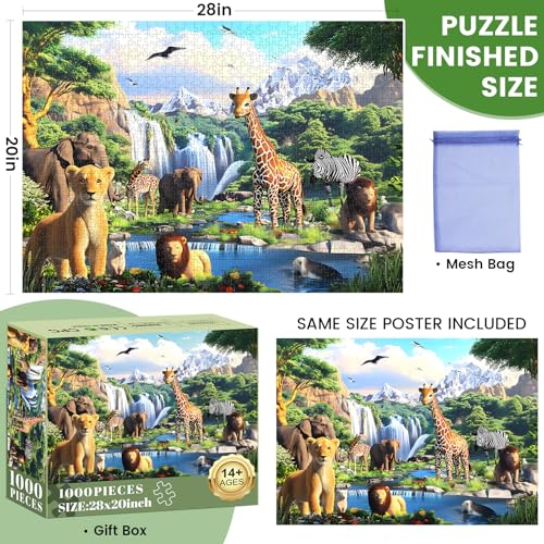 1000 Pieces Puzzles for Adults,Animal World Jigsaw Puzzles 1000 Pieces | Lions Elephants Giraffe Animals Puzzles Games Unique Cool Puzzles Family Activity Great Gift for Family Friends 28x20 in - style: Animals