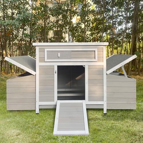 58" Wooden Chicken Coop wih 6 Nesting Boxes for 4-6 Chickens Light Grey | 2 Sides Large Nesting Boxes, For 4-6 Chickens, Poultry Hutch Rabbit Cage, No-Slip Ramp & Pull-Out Tray, For Outdoor Farm Yard - color: White Grey
