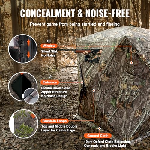 VEVOR Hunting Blind，See Through Ground Blinds with Carrying Bag, 360 Degree Portable Camouflage Tent，Durable Concealed Shelter with Silent Side Door and Window, for Turkey and Deer - size: 2-3 Person
