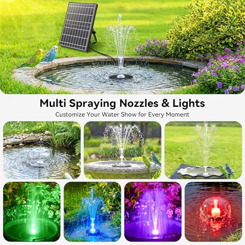 Antfraer 12W Solar Fountain Pump with 4200mAh Battery Backup& Remote RGB LED Lights, Floating Solar Water Fountain with 8 Nozzles & PVC Tubing for Bird Bath, Garden, Backyard, Outdoor Water Feature - style: 12W With Remote Lights