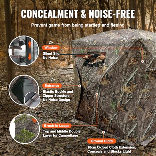 VEVOR Hunting Blind，See Through Ground Blinds with Carrying Bag, 360 Degree Portable Camouflage Tent，Durable Concealed Shelter with Silent Side Door and Window, for Turkey and Deer - size: 2-3 Person（270°See Through ）