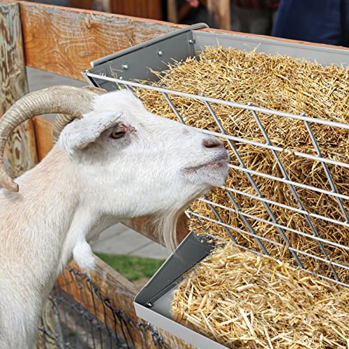 Wall Mount Hay Rack, Metal 2 in 1 Hay and Grain Feeder | Livestock Feeder with Adjustable Distance, Hay Feeder for Goats, Sheep, Horse - color: Silver