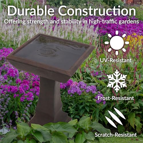 Sunnydaze Square Concrete Bird Bath for Outdoors, 23” H, Brown | Glass Fiber Reinforced Concrete, Easy Assembly, Bird Bath Bowl Holds ½ Gal of Water, Heavy-Duty Cement Bird Bath for Outside - color: Brown