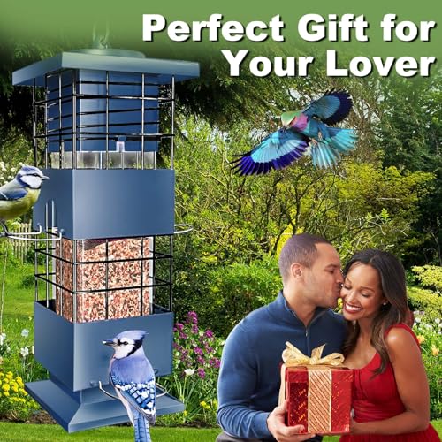 Squirrel Proof Bird Feeder,3.5Lbs Metal,4 Hanging Ports for Cardinal Finch | Weight-Activated Shutoff Blocks Squirrels & Pigeons.Chew-Proof Build For All Weather.Large Capacity,Fast Refilling & Cleaning - color: Blue