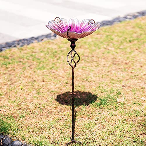 Glass Birdbath Birdfeeder with Metal Stake Garden Yard Outdoor Pink | 31inch height stain glass pink flower bird bath for outside, bird bath bowl,attract wild birds and beautify outdoor gardens - color: Pink