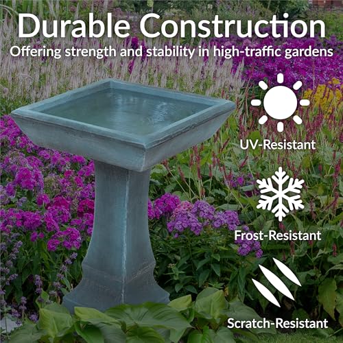 Sunnydaze Square Concrete Bird Bath for Outdoors, 23” H, Patina Green | Glass Fiber Reinforced Concrete, Easy Assembly, Bird Bath Bowl Holds ½ Gal of Water, Heavy-Duty Cement Bird Bath for Outside - color: Patina Green