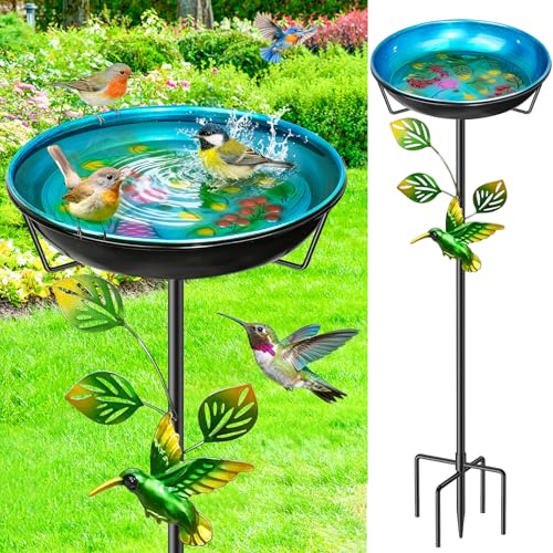 Metal Bird Bath for Outside, Vintage Birdbaths Removable Feeder Bowl with Butterfly Flower, Easy to Clean Birdfeeder for Outdoors Garden Yard Lawn Decor (Blue) - color: Blue