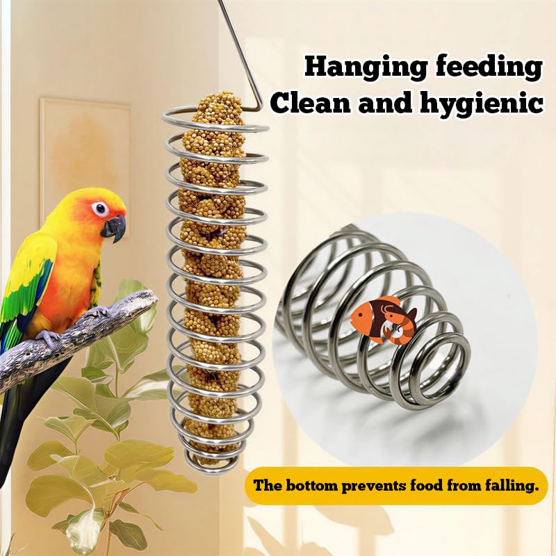 2 Pack Bird Treat Holder for Cage, Stainless Steel Spiral Bird Feeder for Parakeets, Hanging Millet Holder for Fruit, Vegetables and Bird Foraging Toy 6.3 Inch