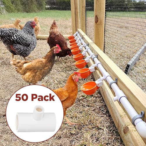 50 Pack PVC Tee Fittings for Chicken Waterer - Threaded Connectors for Poultry Nipples, Automatic Chicken Water Drinker Cups and Feeder Systems, Durable & Leak-Proof (White)