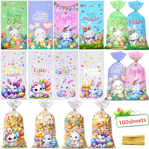 CUUSNNY Easter Candy Bags 100 Pcs with 120 Gold Twist Ties,Plastic Cellophane Treat Bags for Kids Easter Egg Hunt, Party Favors & Gift Packaging,Holiday Goodie Bag Supplies (Colorful Design) - color: 100Pcs Easter Cellophane Bags