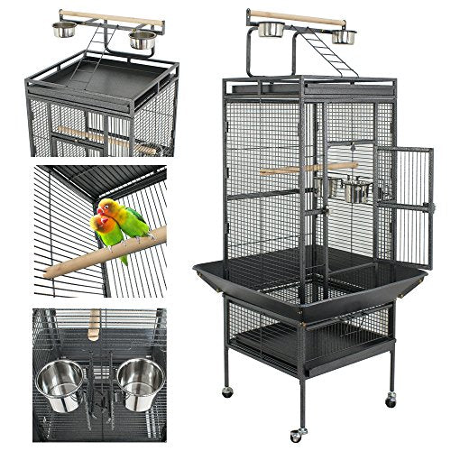61 inch Iron Bird Cage, Play Top Parrot Cage with Rolling Stand for Parrot Cockatiels Parakeet Cage Macaw Finch Cockatoo Perch Pet House, Black - size: 25.6"L x 25.6"W x 61.0"H