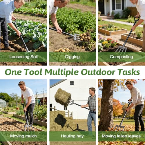 Gardening Pitchfork, 4-Tine Garden Fork 47” Heavy Duty Digging Manure Forks for Mulch Spreading Loosening Hay Potato Digging Composting Transplanting Aeration Farm Garden
