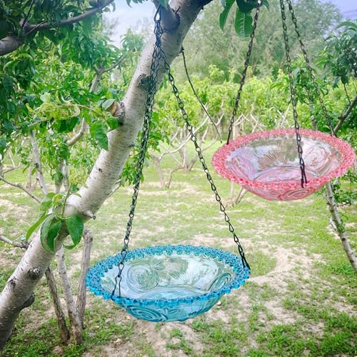 2 Pack Hanging Bird Baths Bowl Outdoor 15.8 Inch Metal Chains, Weather-Resistant Hanging Bird Feeder & Bath Tray for Garden Patio (Plastic, Blue & Pink) - color: Blue&Pink