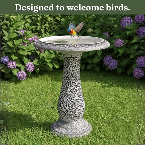 Pedestal Birdbath with Solar Fountain, Resin Stone Composite Outdoor Garden Decor, Standing Bird Bath for Outside Patio Yard, 23-Inch Tall, Garden Fountain, Resin Bird Baths, Hummingbird Bowl - color: Speckled White
