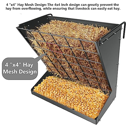 Wall Mount Hay Rack, Heavy-Duty Galvanized Metal 2 in 1 Hay and Grain Feeder, Livestock Feeder with Adjustable Distance, Hay Feeder for Goats, Sheep, Horse - color: Black