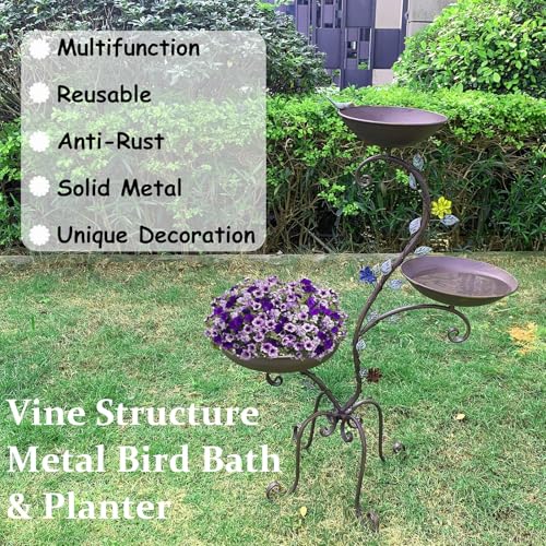 37" H Bird Bath Feeder and Planter for Outdoors Metal 3-in-1 | Birdbaths Stand Vintage Pedestal Bird Bowl for Outside Garden Yard Patio Lawn Decor