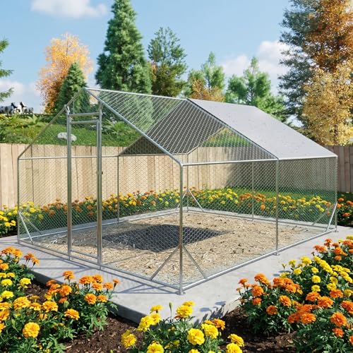 10' x 13' Large Metal Chicken Coop, Outdoor Heavy-Duty Chicken Run with Waterproof Oxford Cover & Secure Lockable Door, Walk-in All-Weather Poultry Cage for Hens, Ducks, Rabbits, Silver - color: Silver B, size: 120.0"L x 156.0"W x 156.0"H