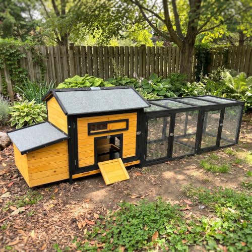 YOPTO Wooden Chicken Coop, 114 in, Outdoor Run, Black/Gold | Solid wood, Weatherproof roof, Outdoor run, Nesting box, Pull-out tray, 6 access doors, Ramp - size: 114.0"L x 25.4"W x 33.9"H
