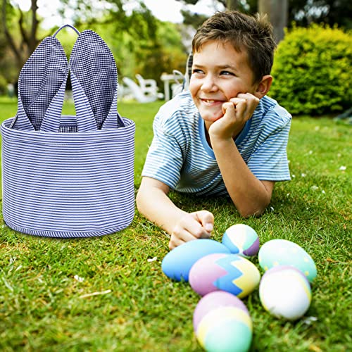 Easter Basket Seersucker Egg Hunt Bunny Baskets for Kids with Cute Rabbit Ears Stripe Storage Gifts Candies Personalized Easter Party Gifts… - color: Seersuck blue