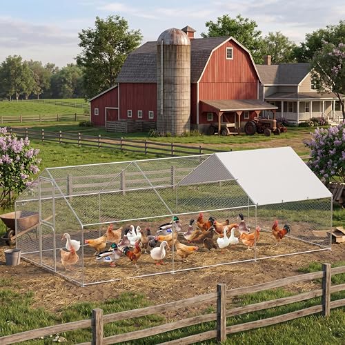 Takywep Walk-in Metal Chicken Coop, 9.8×19.7×6.6FT Galvanized Poultry Cage with Spire Roof, Waterproof UV Cover & Dual Doors, Heavy Duty Large Hen House for Backyard Farm, Suitable for Duck Quail - size: 118.1"L x 236.2"W x 78.7"H
