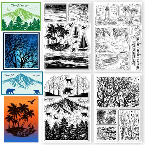 CHGCRAFT 4 Pcs Landscape Silhouette Pattern Clear Stamps Tree Branches Seaside Beach Silicone Stamp Seal for DIY Scrapbooking and Card Making Paper Craft Decor 6.3 × 4.3 Inch - style: Landscape Silhouette