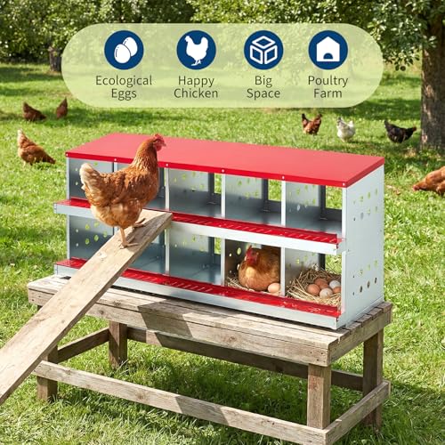 Chicken Nesting Box, 2-Tier 10 Compartments Metal Poultry Nest Box, Hen Laying Box, with Perch & Ventilation Holes, for Backyard Chicken Coops Home Poultry Raising - size: 63.0"L x 18.9"W x 28.0"H