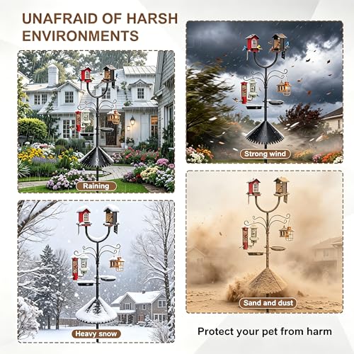 U-Shape 92" Bird Feeder Pole, Squirrel Proof 5-Prong Base for Bird Buddy | Squirrel baffle, 4 shepherd hooks, seed & birdbath tray; U-shape mount holds smart feeders & bird houses for yard garden