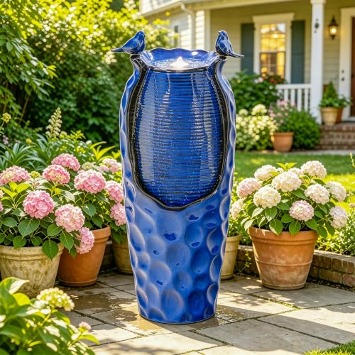 Autodaya 33" Vase Ceramic Outdoor Water Fountain with Lights and Birds | cobalt blue glazed water feature with textured design, ambient soothing cascading water flow for garden patio yard sanctuary - color: 33"h-hammered Cobalt Blue