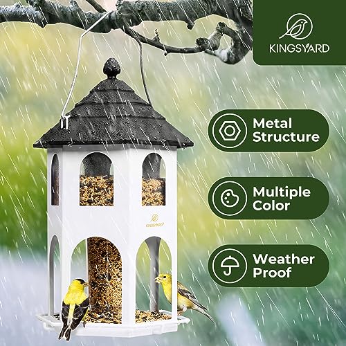 Kingsyard Metal Bird Feeder for Outdoor Hanging, Wild Bird Feeders with Circular Perch, Easy to Clean & Refill, 4 lbs Large Seed Capacity, White - color: White