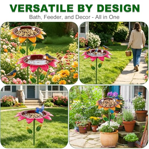 Bird Bath for Outside, 2 Pack 31.5 Inch Metal Bird Baths with Stake and Upgraded 5-Prong Base, Freestanding Sunflower Birdbath Birdfeeder Deep Water Bowl Feeder for Lawn Yard Garden Decor