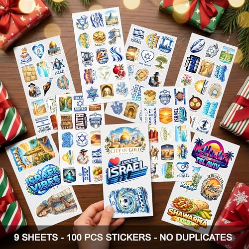 100 PCS Israel Travel Stickers Pack, Landmark Food Nature Flag | 9 Pre-cut Sheets, Vinyl Waterproof Sticker for Water Bottle Laptop Scrapbook Helmet, Gifts for Adults Teens Students - color: Israel Travel Sticker