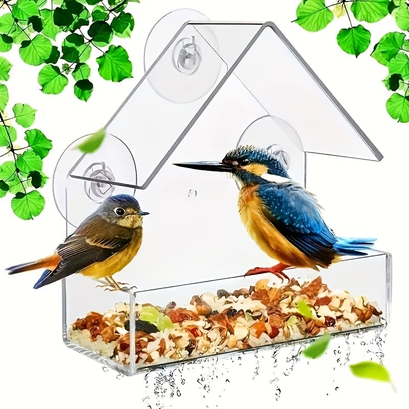 Clear Window Bird Feeders with Strong Suction Cups and Drain Holes Sturdy and Durable 360° View Acrylic Birdfeeders for Viewing Wild Birds Outside, Outdoor Small Bird House, Garden Decor