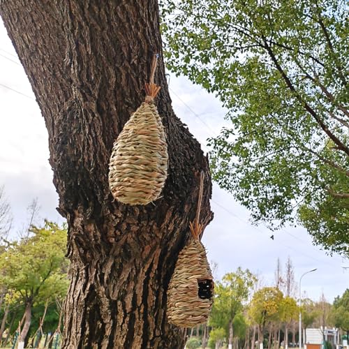 TIHOOD 4PCS 9.2 x 4 Inches Hand Woven Hummingbird House,Bird Hut and Hummingbird Houses Nest, Small Hanging Bird & Chickadee House for Finch & Canary in Outdoor