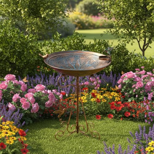 13" Vintage Metal Bird Bath with Cast Iron Pedestal | Bird Feeder Birdbaths Bowl with Folding Bracket for Outdoors Garden Patio Yard Lawn Decor - color: Brown-1