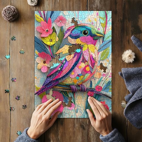 Hummingbird Puzzles for Adults 1000 Pieces, Collage Colorful Bird Flower Puzzle, Paper Cut Art Aesthetic Spring Animal Themed, Difficult Hard Impossible Challenge for Adults - style: Collage Colorful Bird